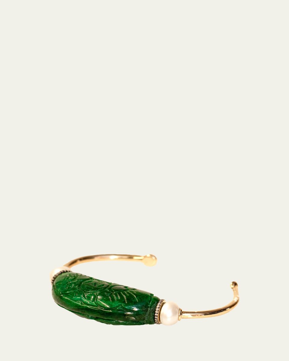 18K Yellow Gold Carved Jade Bracelet with Diamonds and Pearls